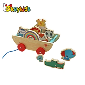 Educational Stacking Blocks Balancing Game Wooden Animal Pulling Cart For Kids W05C154