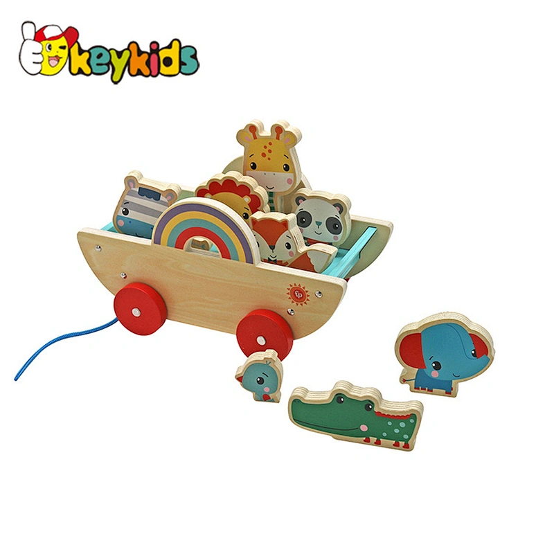 Educational Stacking Blocks Balancing Game Wooden Animal Pulling Cart For Kids W05C154
