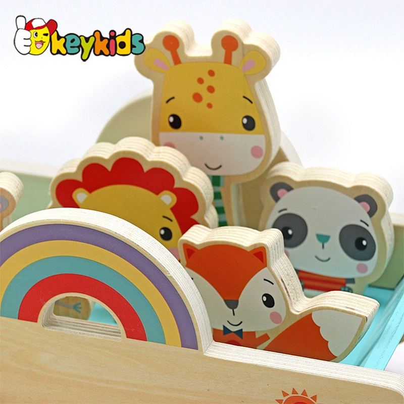 Educational Stacking Blocks Balancing Game Wooden Animal Pulling Cart For Kids W05C154