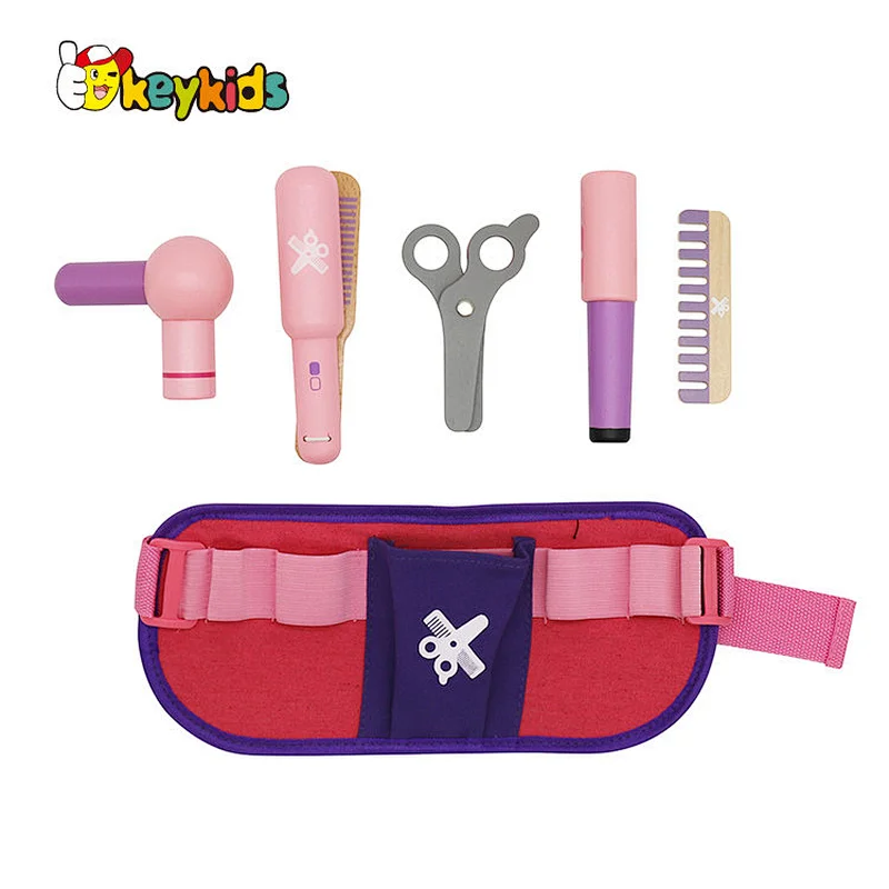 Fashion portable pretend play pink wooden toy hairdressing set for girls W10D516