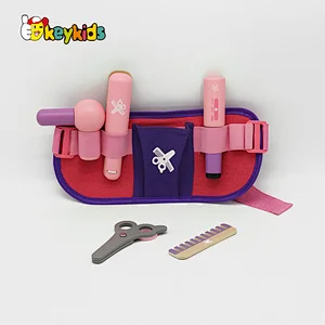 Fashion portable pretend play pink wooden toy hairdressing set for girls W10D516