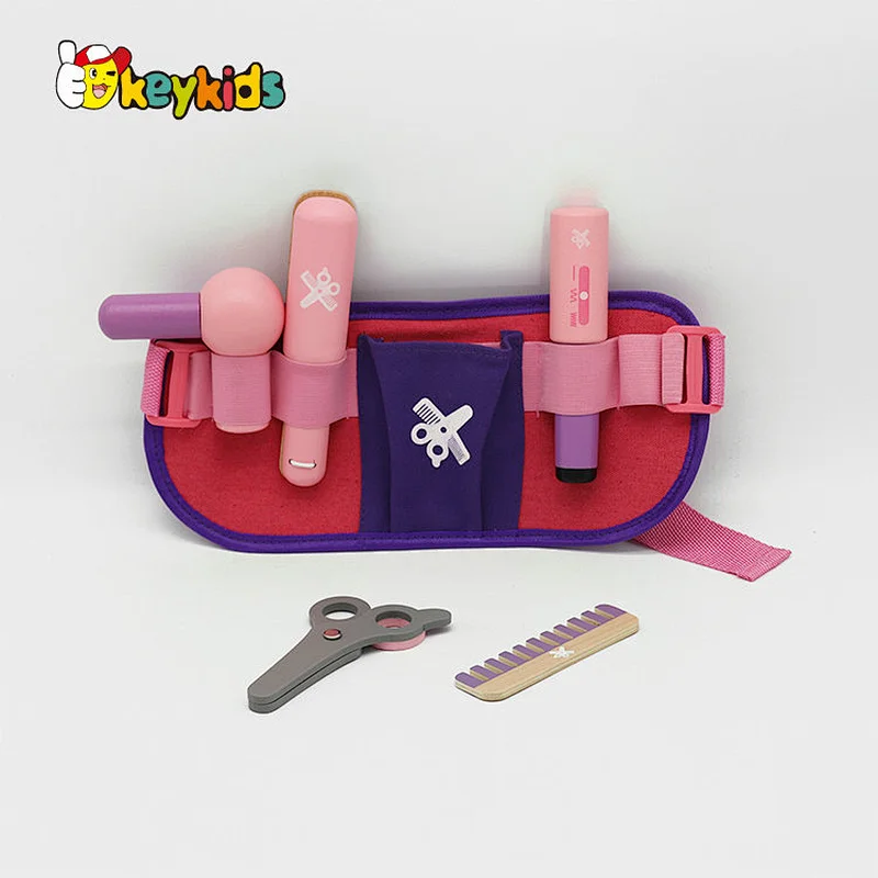 Fashion portable pretend play pink wooden toy hairdressing set for girls W10D516