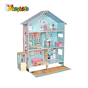 Customize children pretend play wooden doll house with lift W06A490