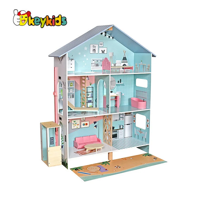Customize children pretend play wooden doll house with lift W06A490