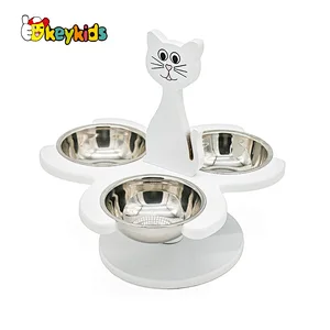 2022 Adjustable wooden dog bowl pet cat feeding station with 3 stainless steel bowls W06F131