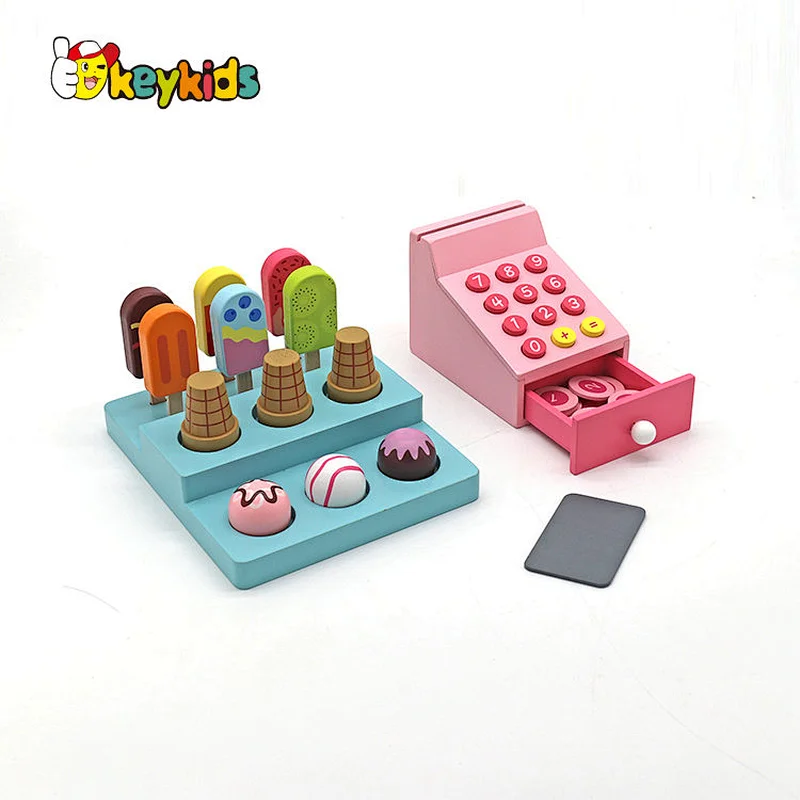 Customize kids pretend paly wooden ice cream toy set with cashier count W10A156