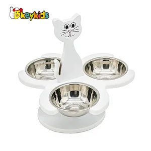 2022 Adjustable wooden dog bowl pet cat feeding station with 3 stainless steel bowls W06F131