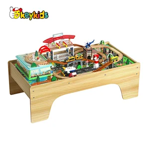 Customize 92pcs rails wooden train set table for kids W04C229
