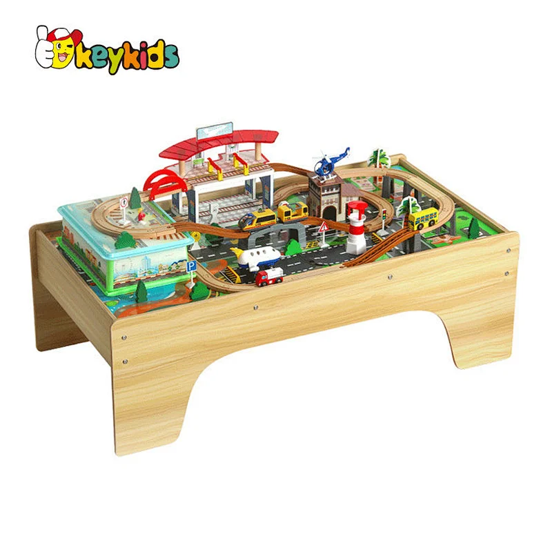 Customize 92pcs rails wooden train set table for kids W04C229