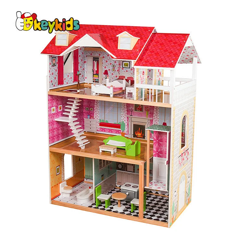 2022 Hot selling 3 layers kids doll house wooden red doll house W06A378