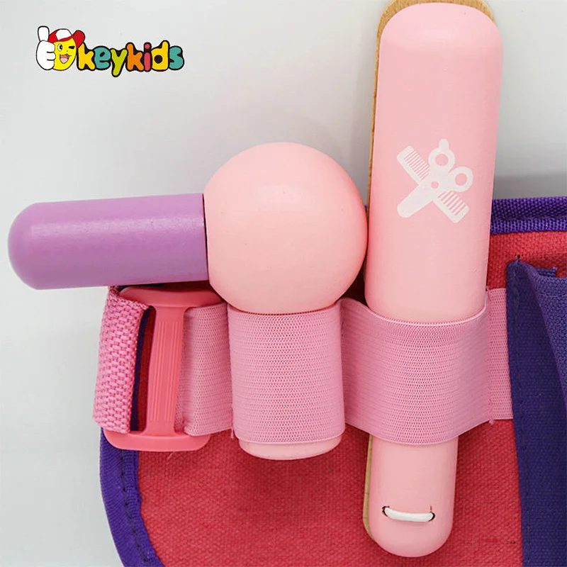 Fashion portable pretend play pink wooden toy hairdressing set for girls W10D516