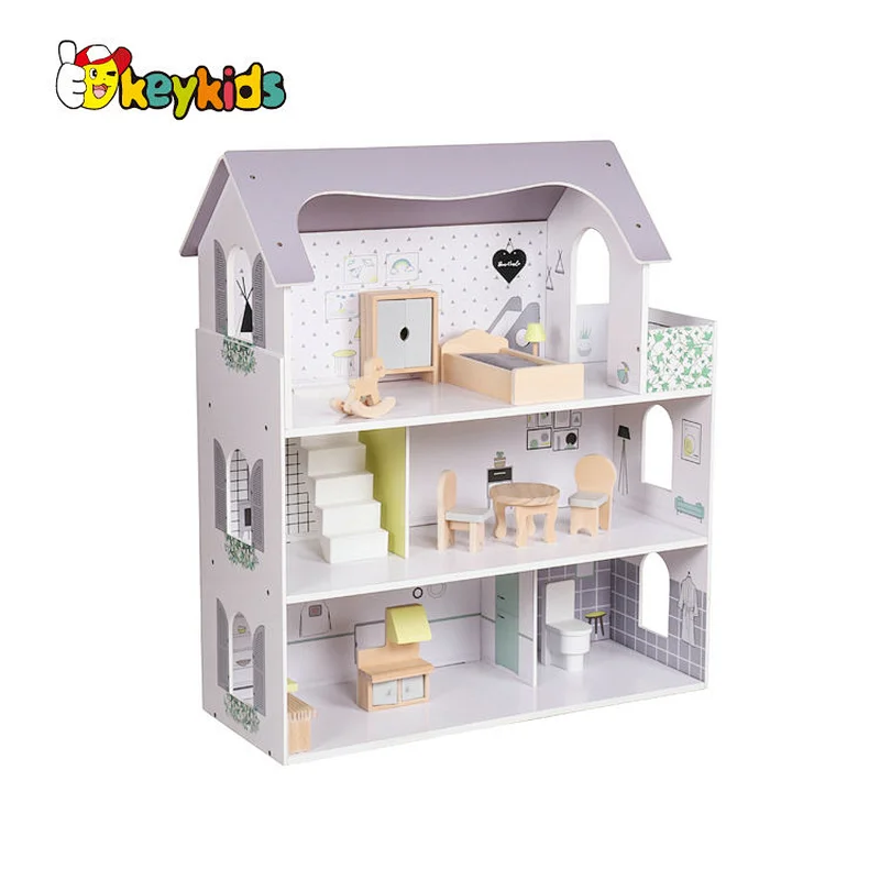 New Arrival 3 floors baby pretend role play wooden doll house for girls 3+ W06A393