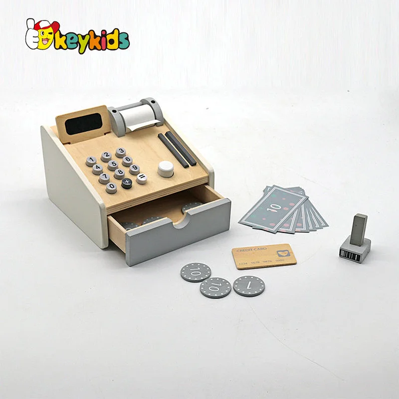 Children pretend play preschool home supermarket wooden play cash register with scanner W10A159