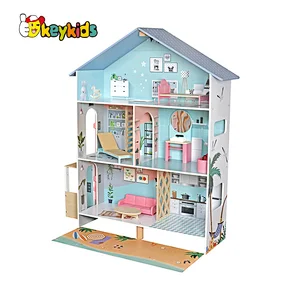 Customize children pretend play wooden doll house with lift W06A490