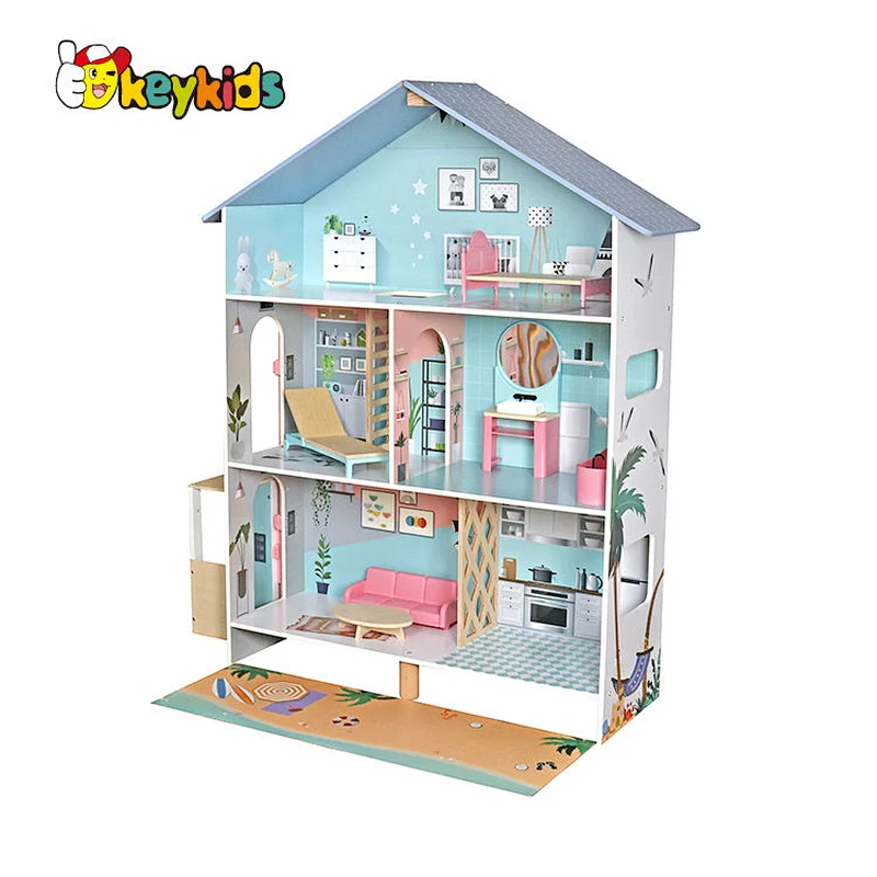 Customize children pretend play wooden doll house with lift W06A490