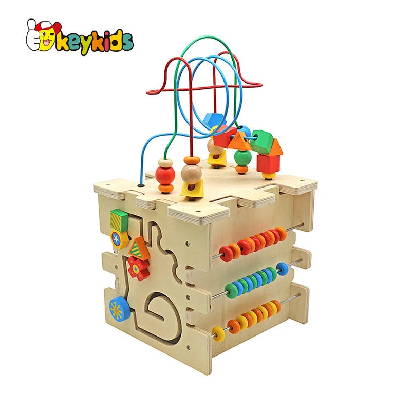 Most popular children 5-Sided wooden activity cube with sapes, colors, letters and numbers W12D418