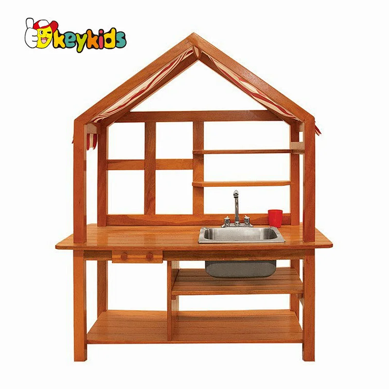 Customize kids garden play wooden outdoor kitchen toy with canopy W10C818