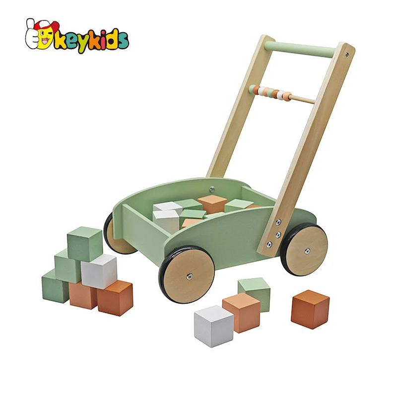 Eco-friendly educational push along wooden walker with blocks W16E218