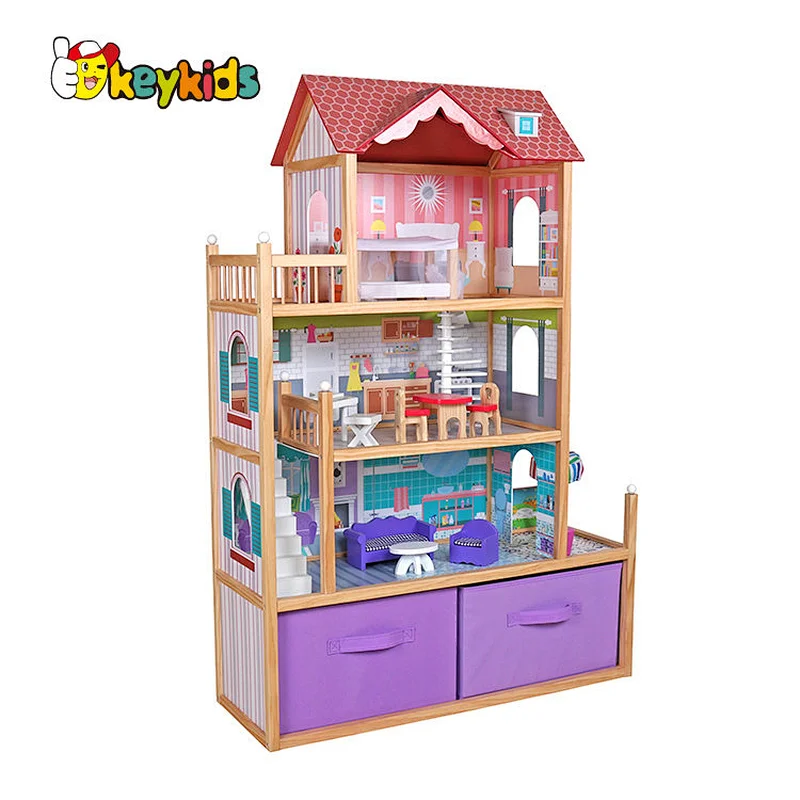 Customize large girls pink wooden dollhouse with storage W06A324