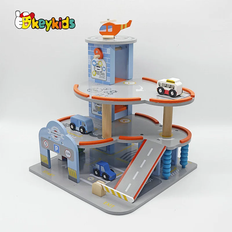New design preschool simulation wooden rail car parking lot toy for children W04B118