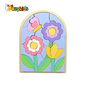 Custom educational colored wooden flower puzzle block for kids W14A366