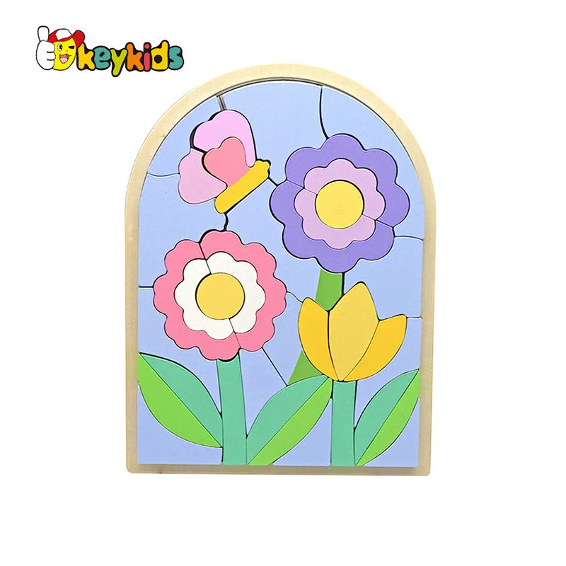 Custom educational colored wooden flower puzzle block for kids W14A366