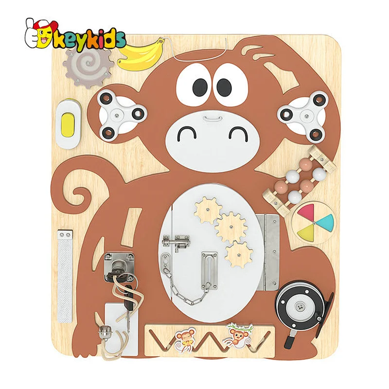 New design monkey shape educational children wooden activity board with locks W12D440