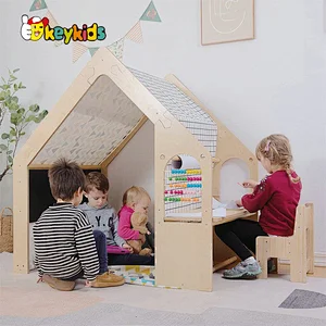 High quality natural kids wooden multiplay playhouse with learning table W01D256