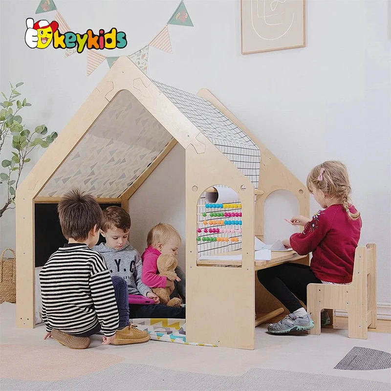 High quality natural kids wooden multiplay playhouse with learning table W01D256