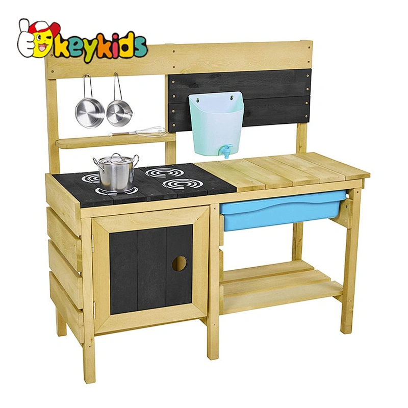 Children pretend play cooking kitchen toy play set wooden mud kitchen with sink for kids W10C778