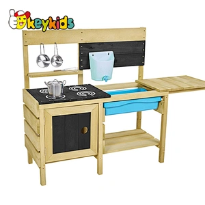 Children pretend play cooking kitchen toy play set wooden mud kitchen with sink for kids W10C778