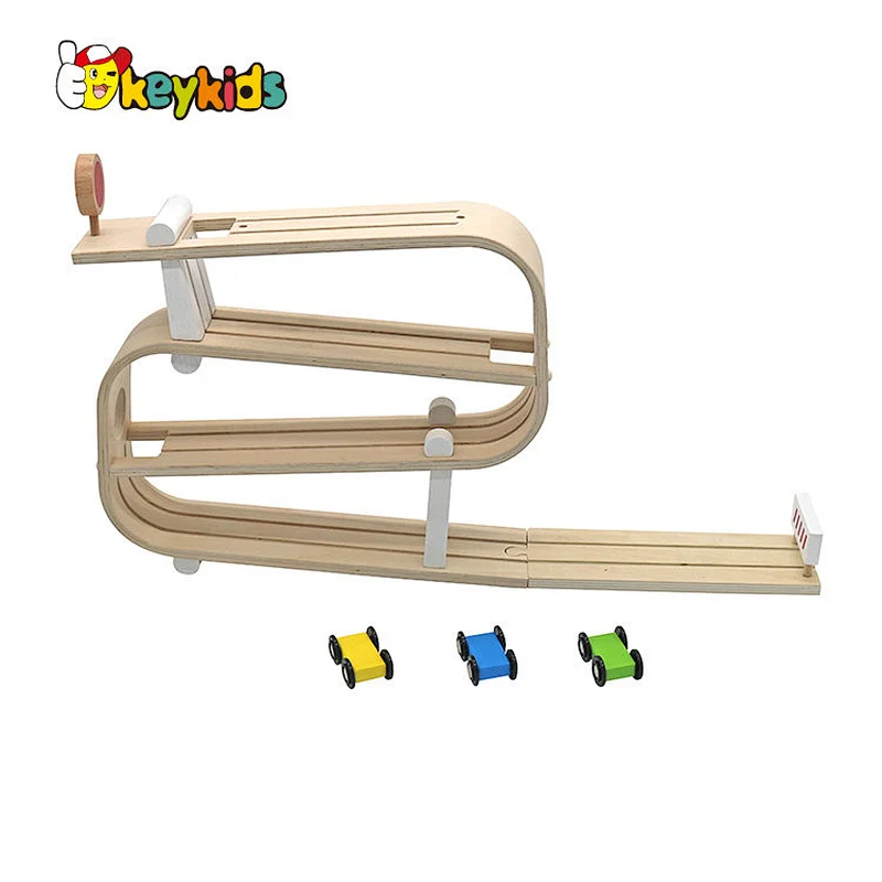 Customize educational kids track slot wooden toy ramp racer with 3 mini cars W04E434