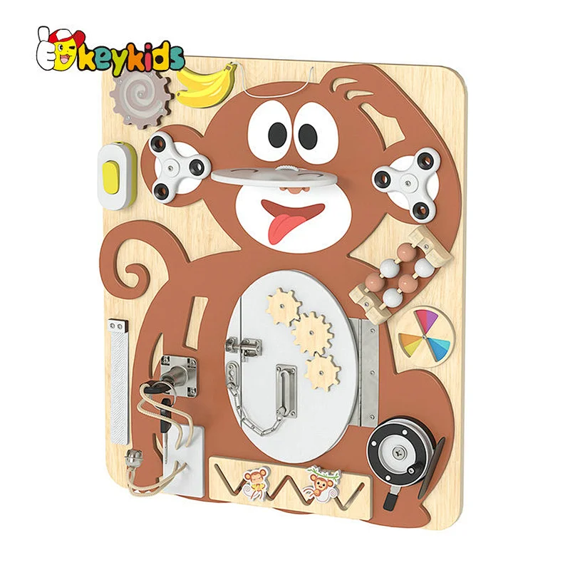 New design monkey shape educational children wooden activity board with locks W12D440