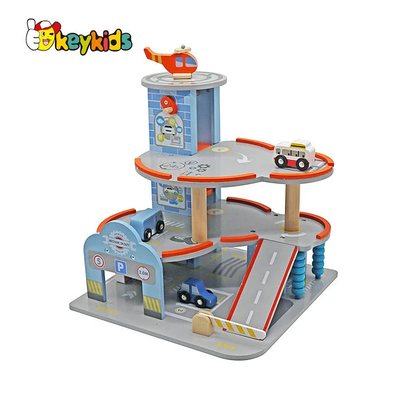 New design preschool simulation wooden rail car parking lot toy for children W04B118