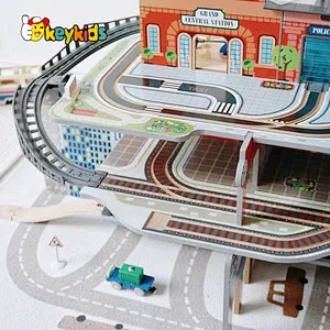 New design preschool play 4 floors wooden city bus station toy for kids W04C250