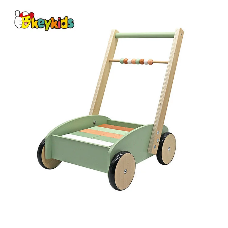 Eco-friendly educational push along wooden walker with blocks W16E218