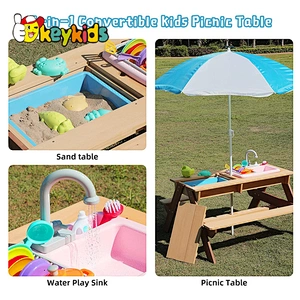 3-in-1 Water & Sand Activity Play Bench Set Kids Outdoor Wood Picnic Table and Chair with Umbrella W10D534