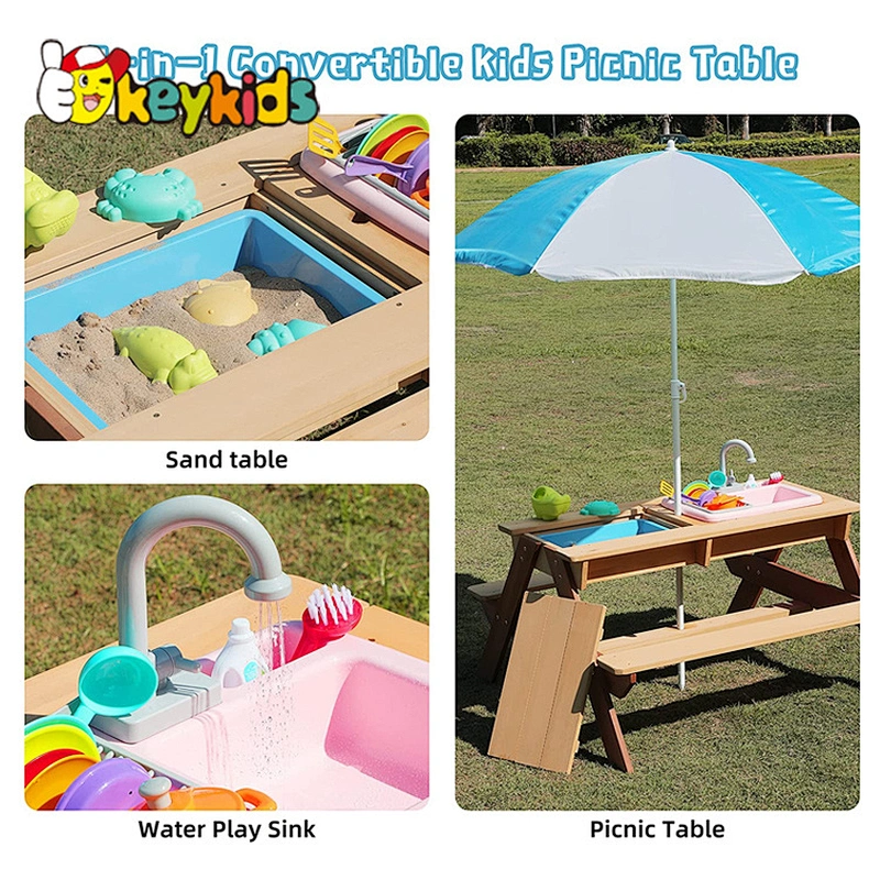 3-in-1 Water & Sand Activity Play Bench Set Kids Outdoor Wood Picnic Table and Chair with Umbrella W10D534