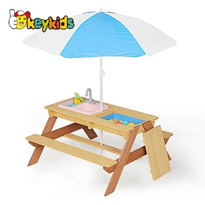 3-in-1 Water & Sand Activity Play Bench Set Kids Outdoor Wood Picnic Table and Chair with Umbrella W10D534