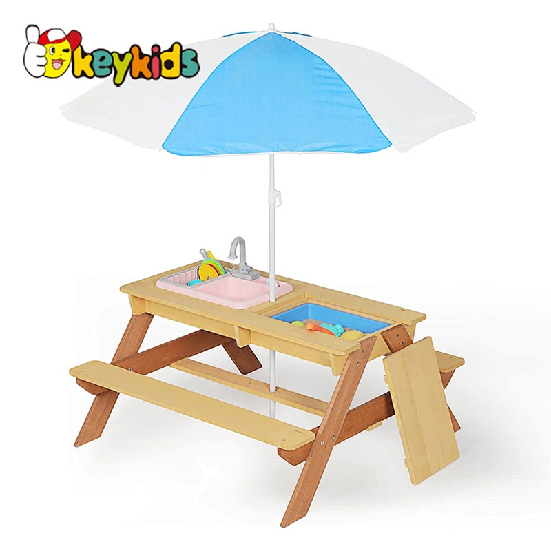 3-in-1 Water & Sand Activity Play Bench Set Kids Outdoor Wood Picnic Table and Chair with Umbrella W10D534