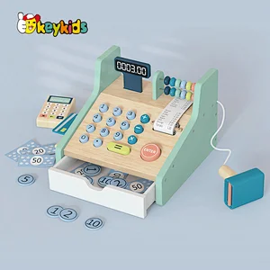 Kids pretend play preschool wooden supermarket cash register toys with scanner W10A163