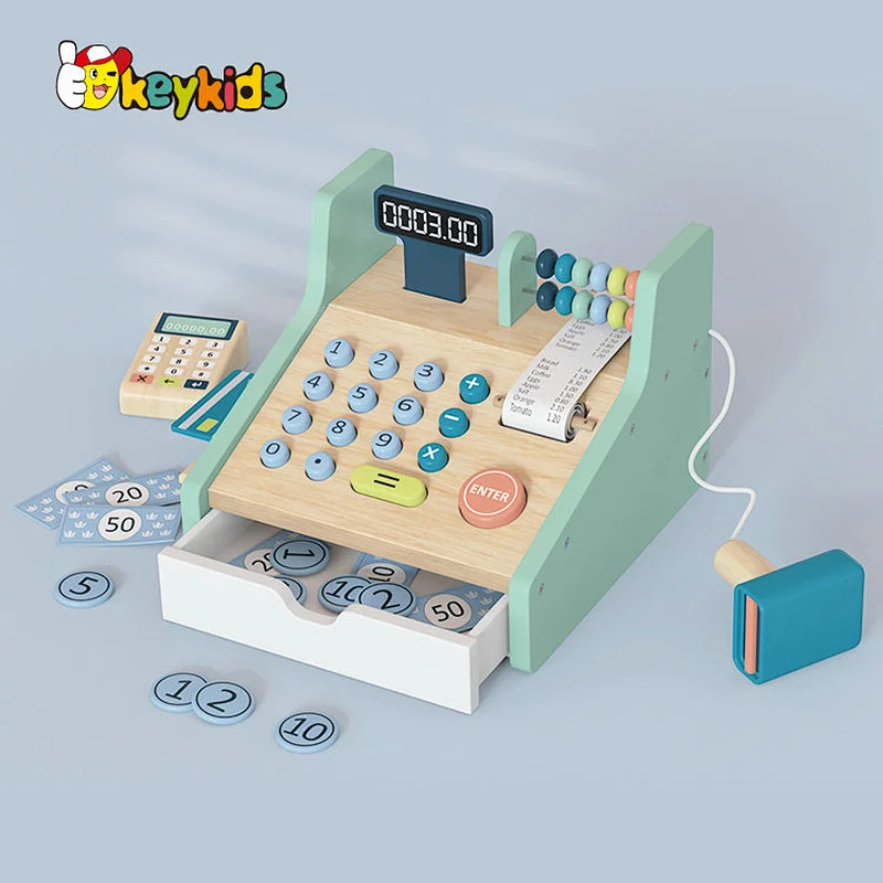 Kids pretend play preschool wooden supermarket cash register toys with scanner W10A163