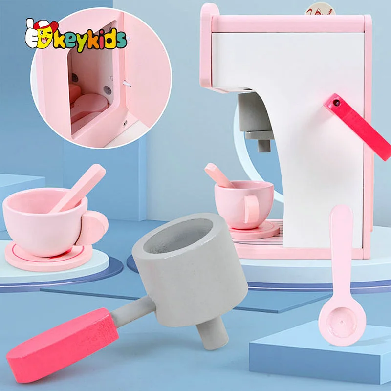 Hot sale pretend play pink wooden toy coffee maker for children W10D526