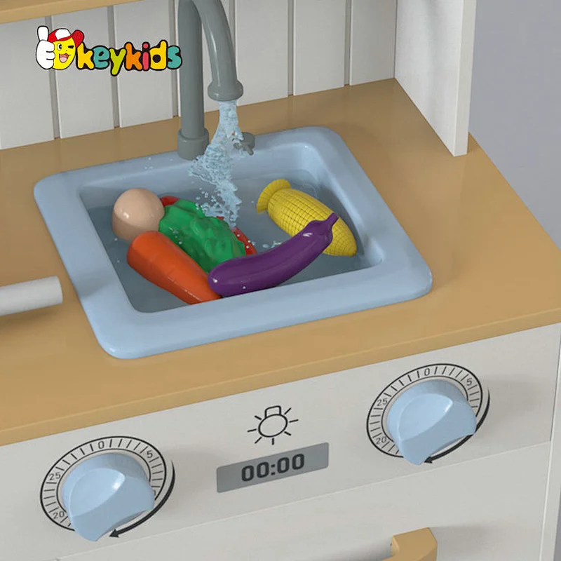 New released kids cooking pretend play wooden kitchen toy with running water W10C806
