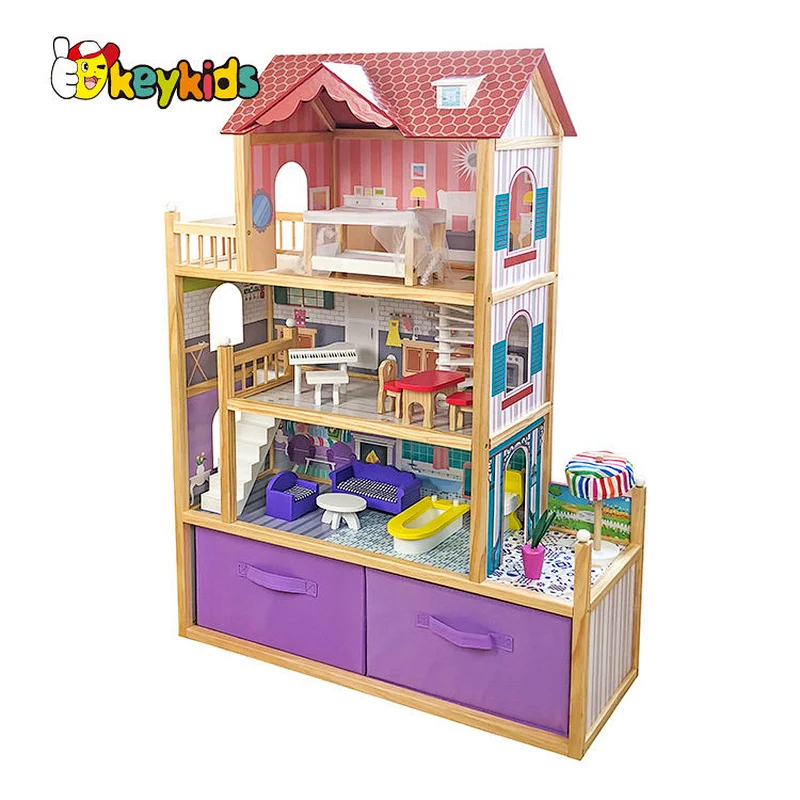 Customize large girls pink wooden dollhouse with storage W06A324