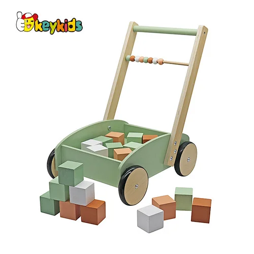 Eco-friendly educational push along wooden walker with blocks W16E218