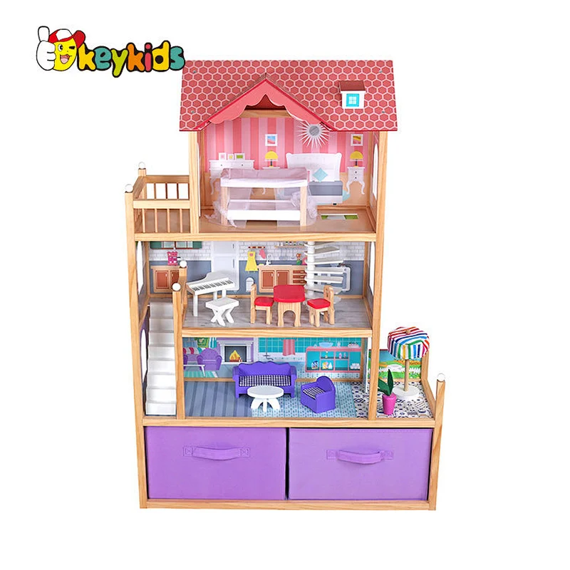 Customize large girls pink wooden dollhouse with storage W06A324