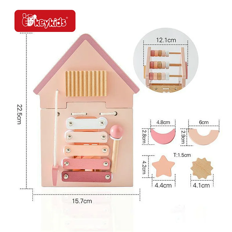 New Arrival 5 In 1 Educational Pink Wooden House Shape Sorter Toy For Kids W12D497