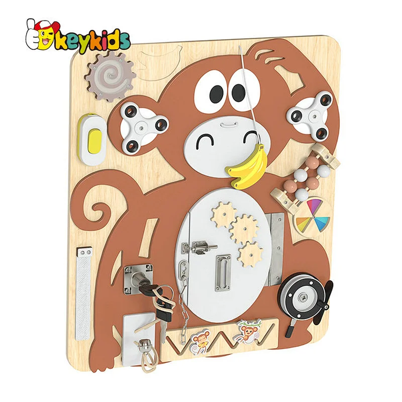 New design monkey shape educational children wooden activity board with locks W12D440