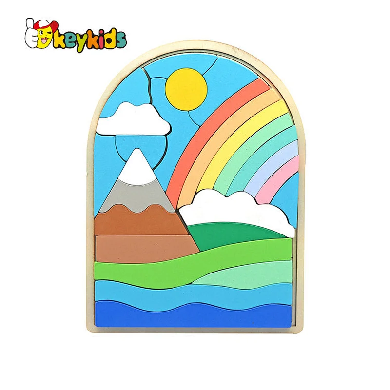 Custom educational colored wooden flower puzzle block for kids W14A366